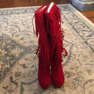 Red fringe heeled boots